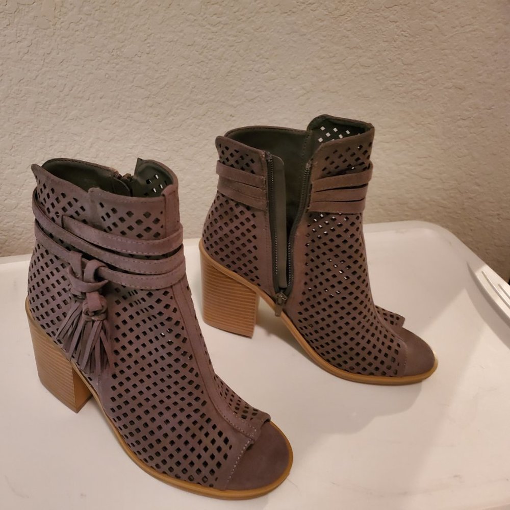 London Rag Grey Serena Perforated Faux Suede Heeled Bootie Ankle Open Toe Boot